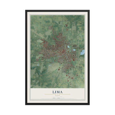 Map of Lima, Ohio, 12 x 18 inch print in a black wood frame