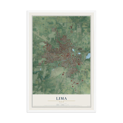 Map of Lima, Ohio, 12 x 18 inch print in a white wood frame