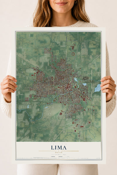 Map of Lima, Ohio, 18 x 24 inch unframed archival matte print