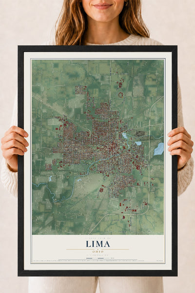 Map of Lima, Ohio, 18 x 24 inch print in a black wood frame