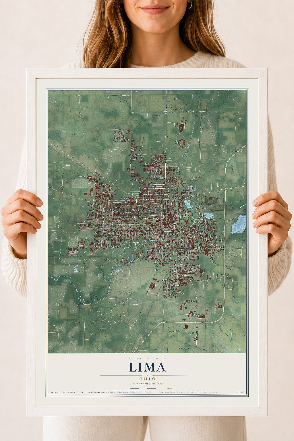 Map of Lima, Ohio, 18 x 24 inch print in a white wood frame