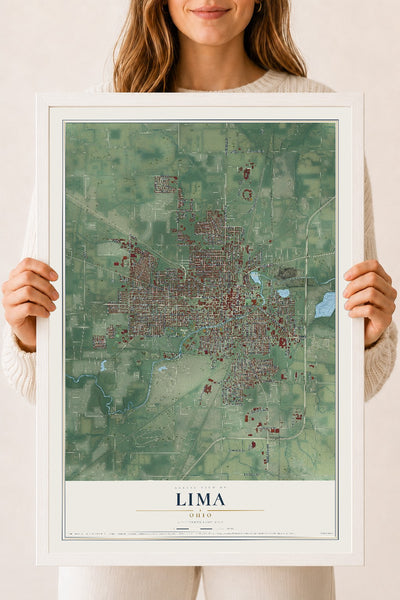 Map of Lima, Ohio, 18 x 24 inch print in a white wood frame