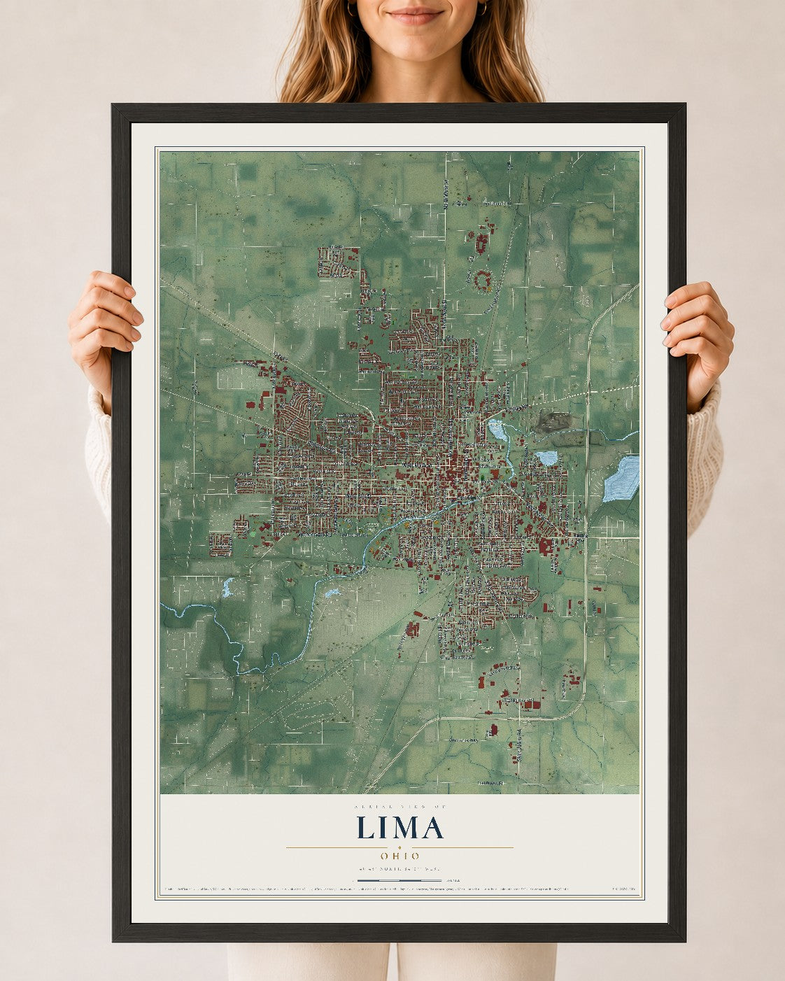 Map of Lima, Ohio, 24 x 36 inch print in a black wood frame