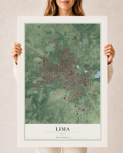 Map of Lima, Ohio, 24 x 36 inch print in a white wood frame