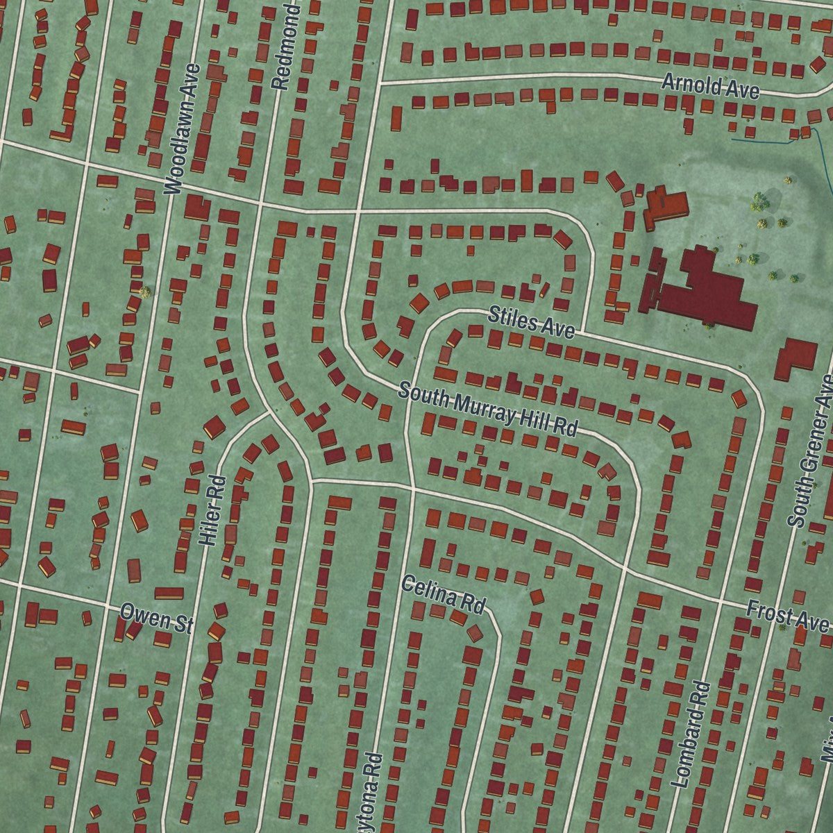 Close-up of the map of Lincoln Village, Ohio print showing street and building detail