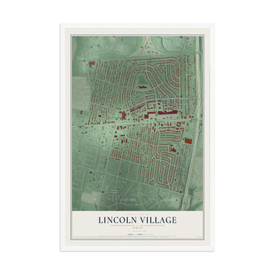 Map of Lincoln Village, Ohio, 12 x 18 inch print in a white wood frame