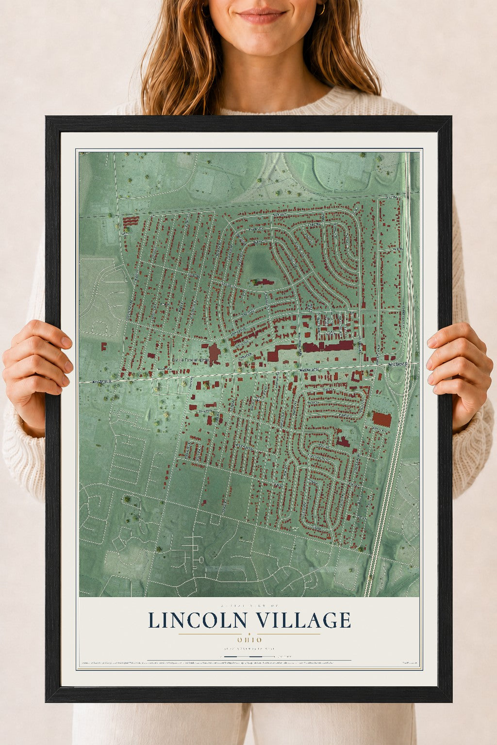 Map of Lincoln Village, Ohio, 18 x 24 inch print in a black wood frame
