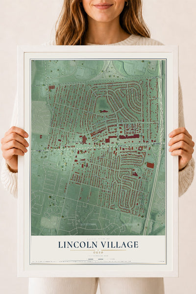 Map of Lincoln Village, Ohio, 18 x 24 inch print in a white wood frame