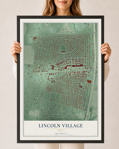 Map of Lincoln Village, Ohio, 24 x 36 inch print in a black wood frame