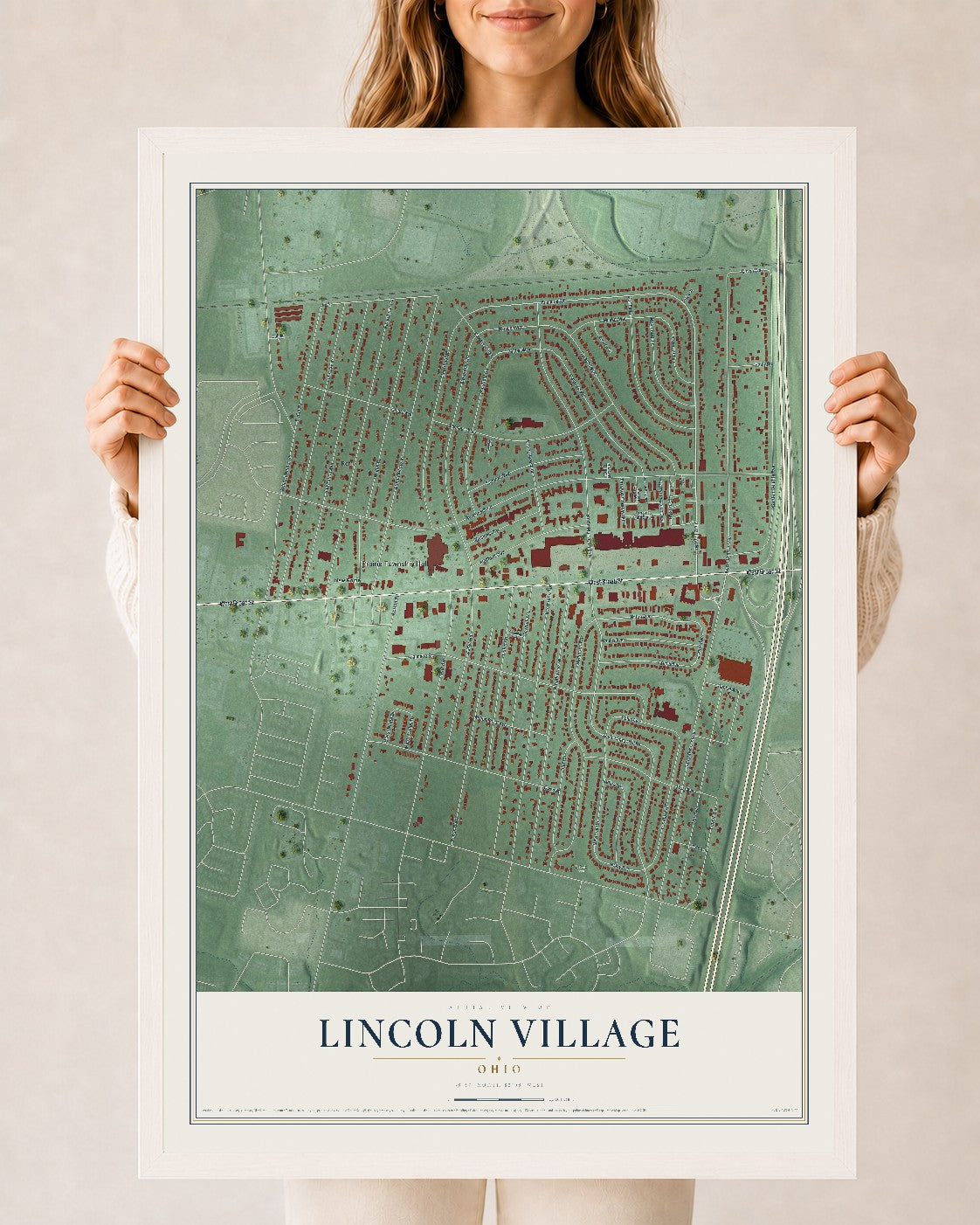 Map of Lincoln Village, Ohio, 24 x 36 inch print in a white wood frame