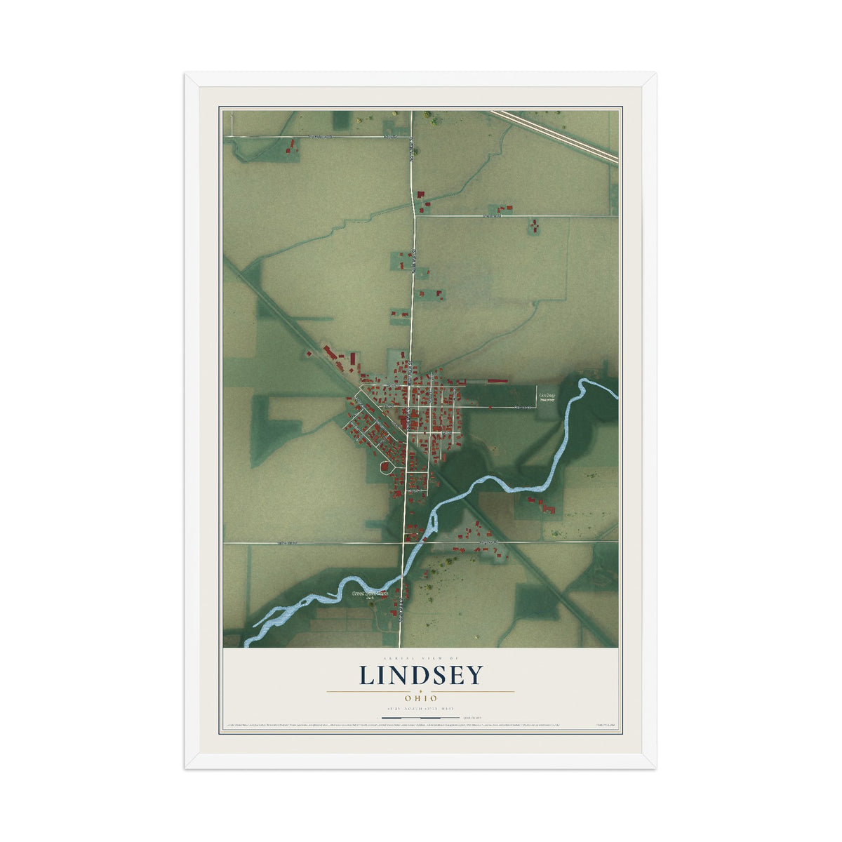 Map of Lindsey, Ohio, 12 x 18 inch print in a white wood frame