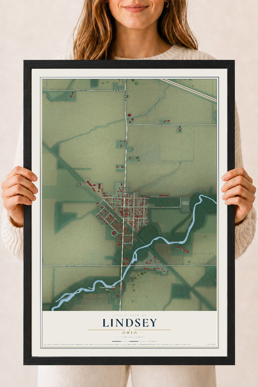 Map of Lindsey, Ohio, 18 x 24 inch print in a black wood frame
