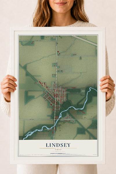 Map of Lindsey, Ohio, 18 x 24 inch print in a white wood frame