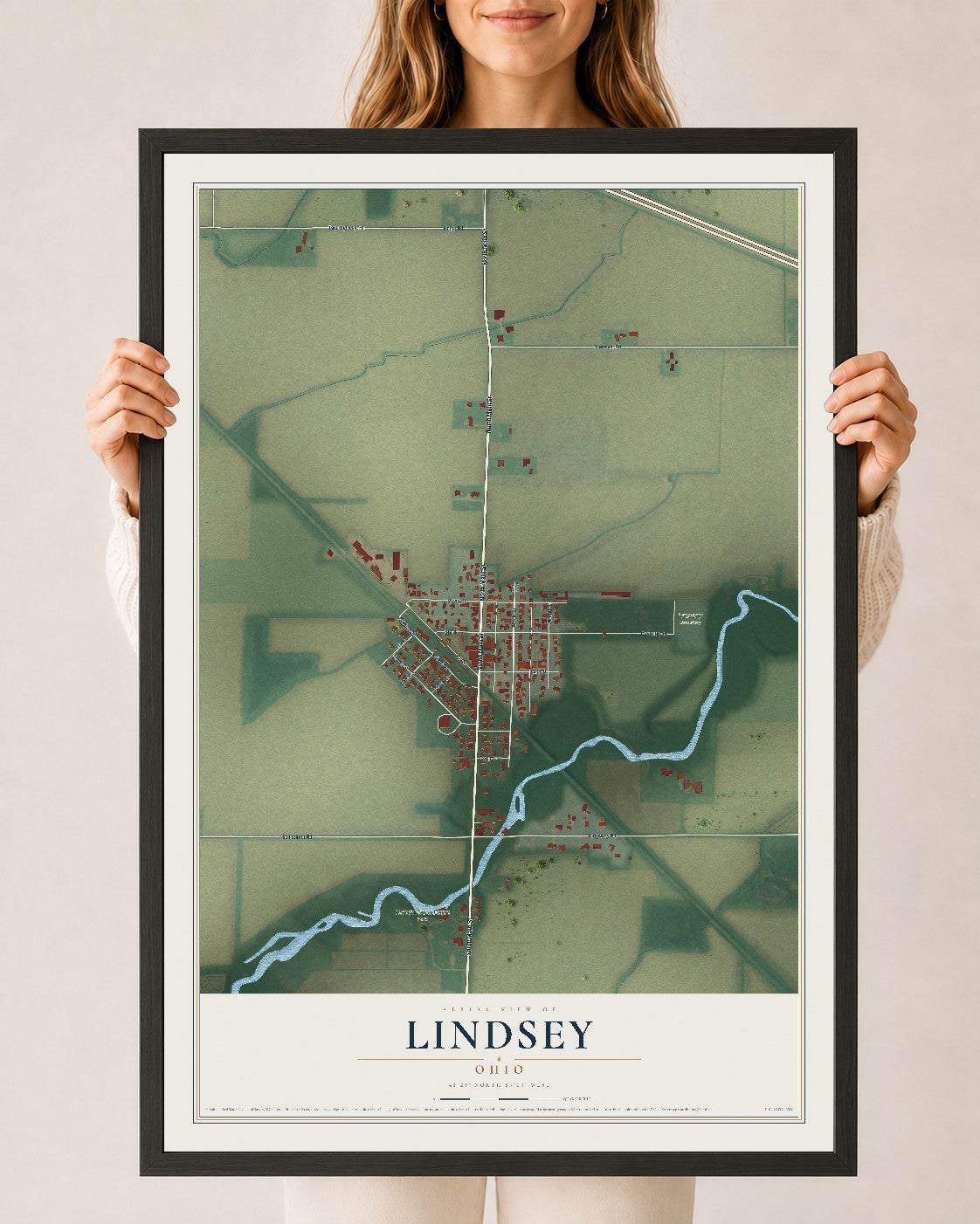 Map of Lindsey, Ohio, 24 x 36 inch print in a black wood frame