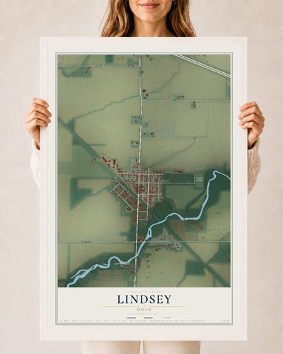 Map of Lindsey, Ohio, 24 x 36 inch print in a white wood frame