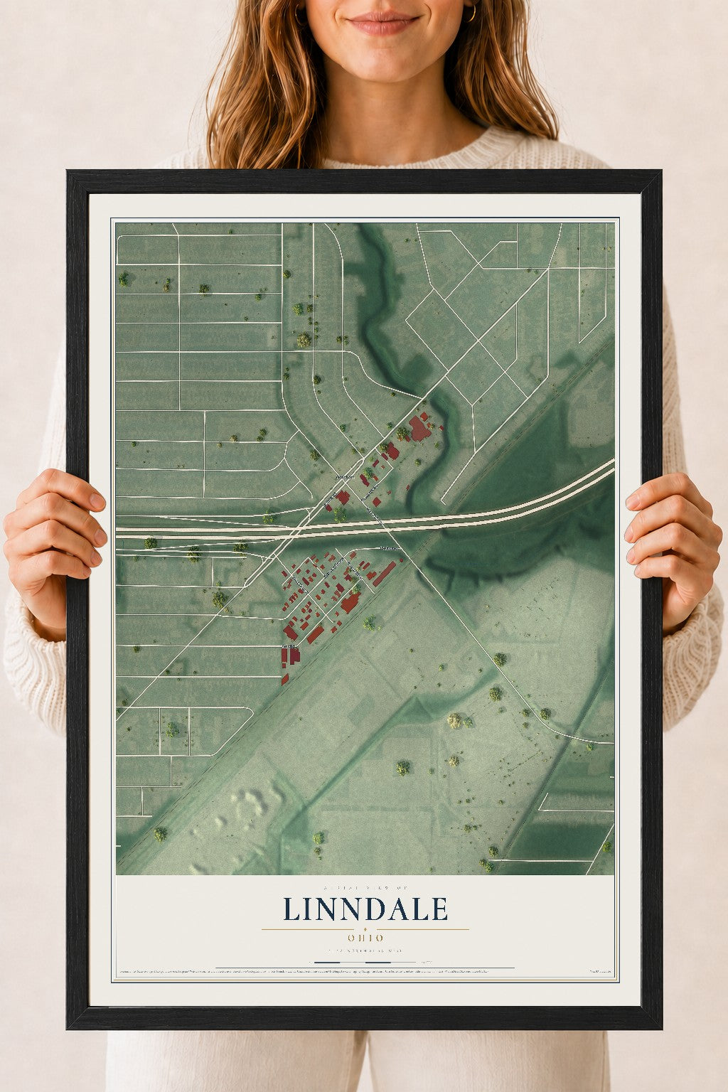 Map of Linndale, Ohio, 18 x 24 inch print in a black wood frame