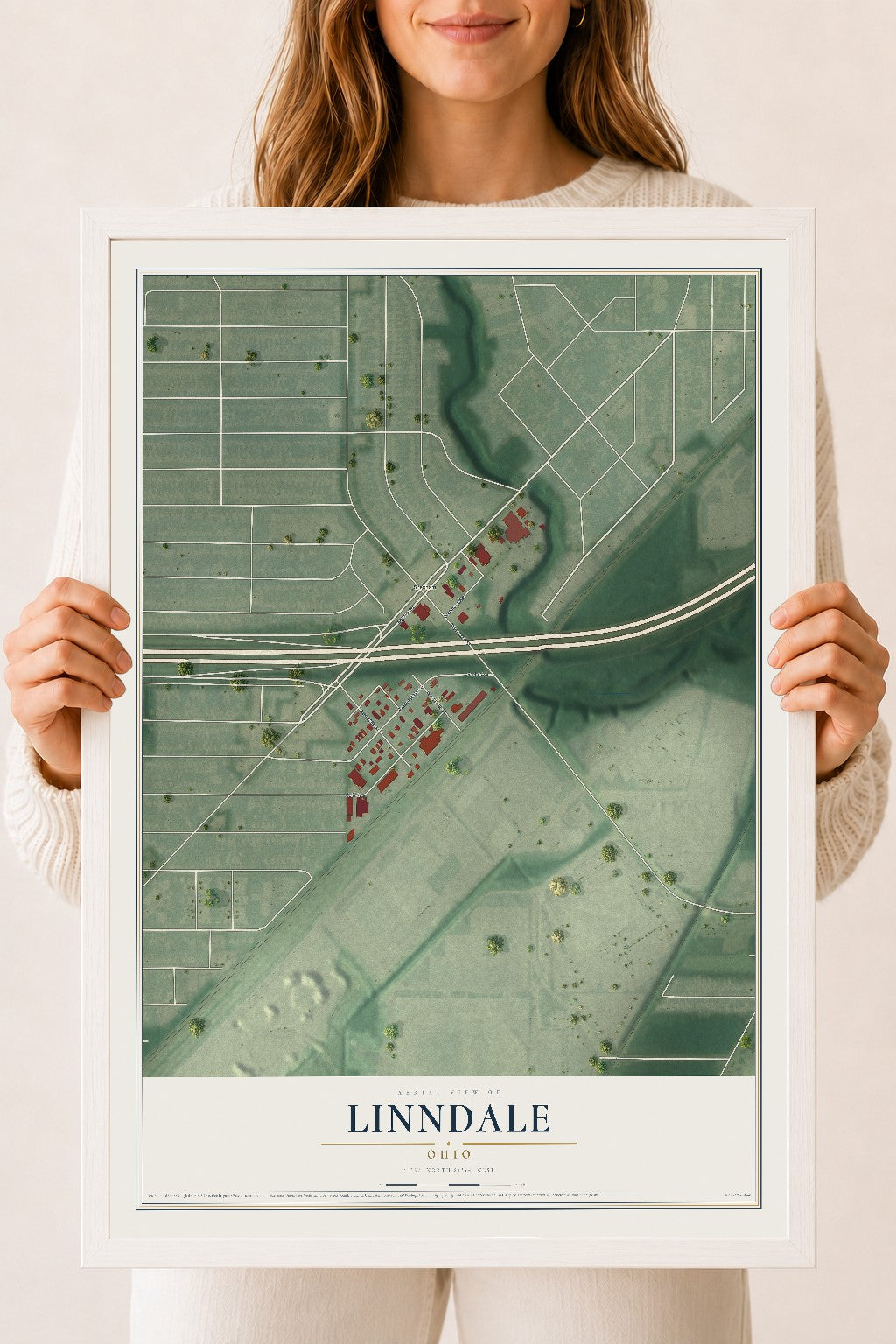 Map of Linndale, Ohio, 18 x 24 inch print in a white wood frame