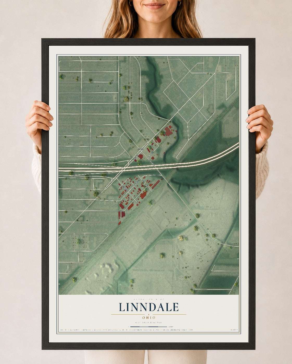 Map of Linndale, Ohio, 24 x 36 inch print in a black wood frame