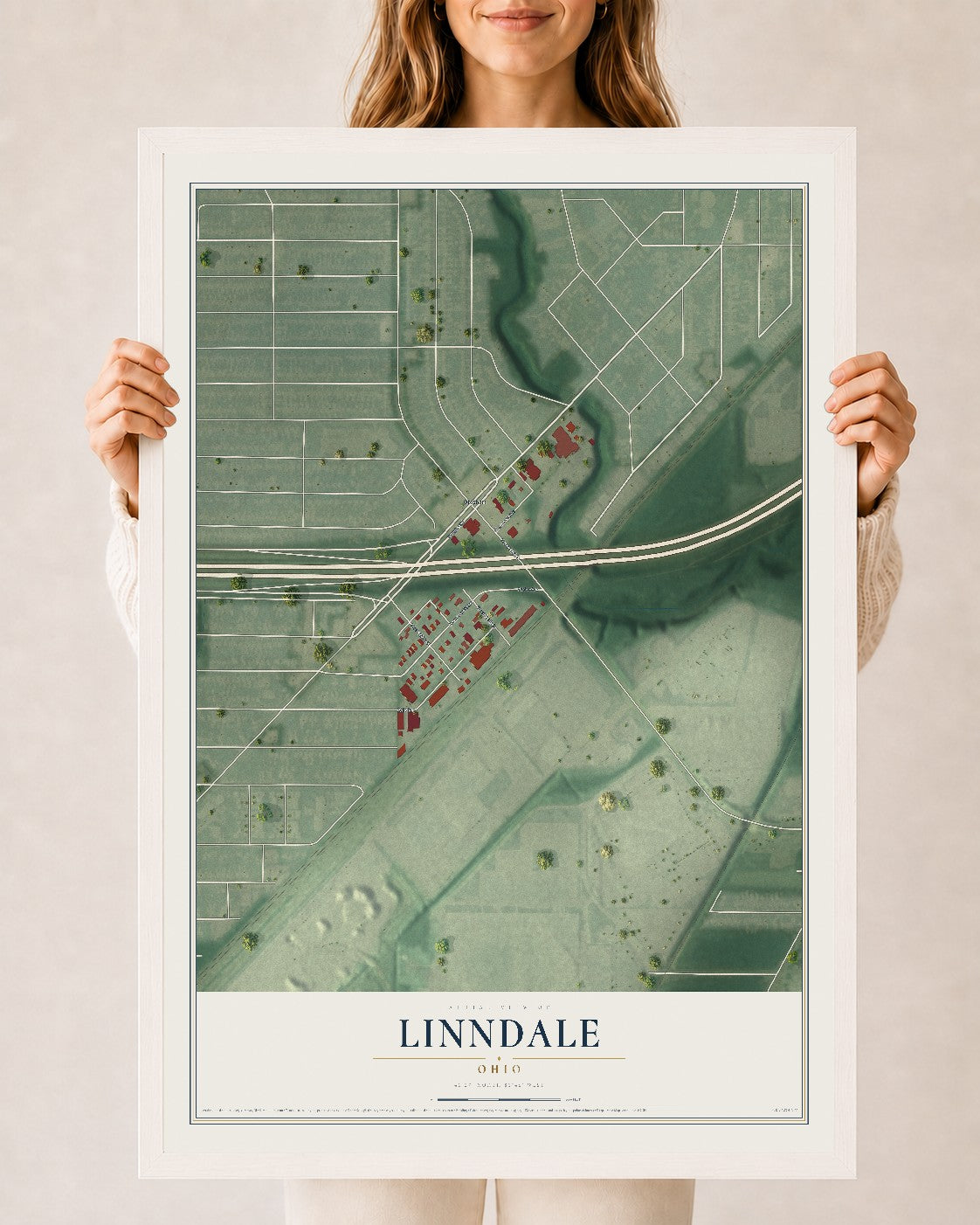 Map of Linndale, Ohio, 24 x 36 inch print in a white wood frame