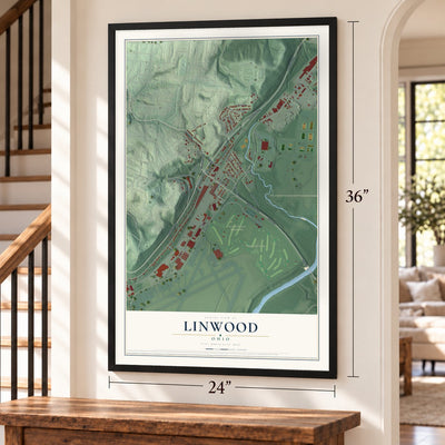 Linwood, Ohio map, 24 x 36 inch print in a black frame by a staircase