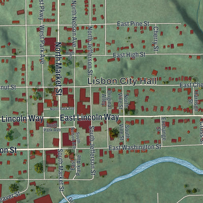 Close-up of the map of Lisbon, Ohio print showing street and building detail