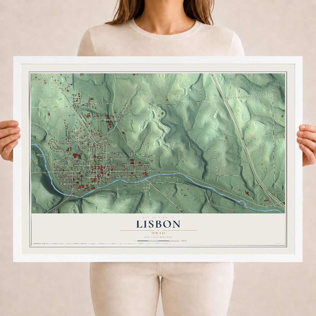 Map of Lisbon, Ohio, 18 x 24 inch print in a white wood frame