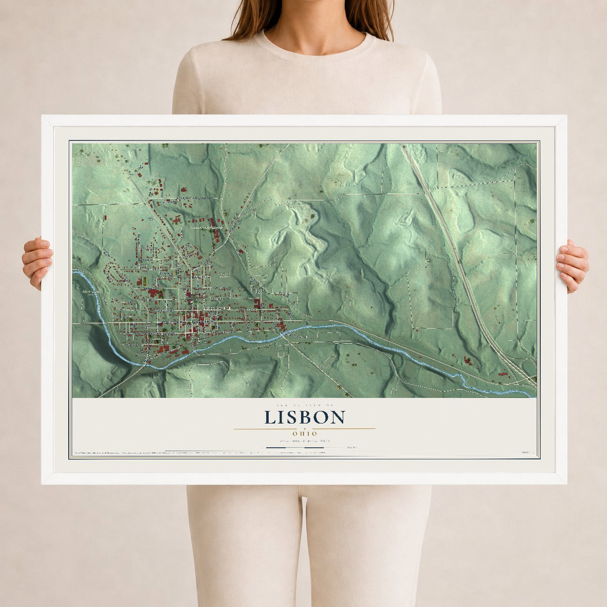 Map of Lisbon, Ohio, 24 x 36 inch print in a white wood frame