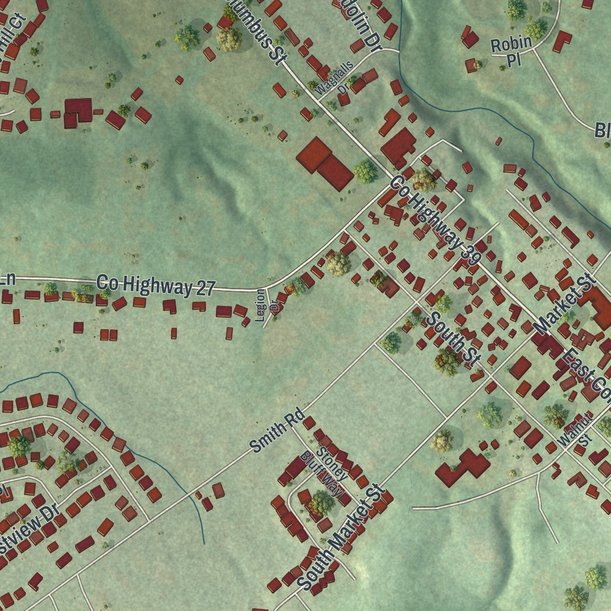 Close-up of the map of Lithopolis, Ohio print showing street and building detail