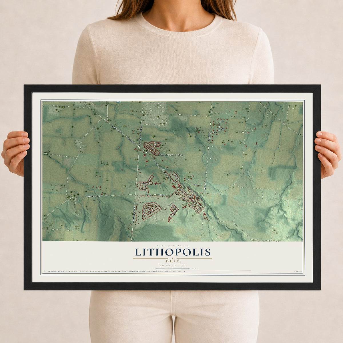 Map of Lithopolis, Ohio, 12 x 18 inch print in a black wood frame