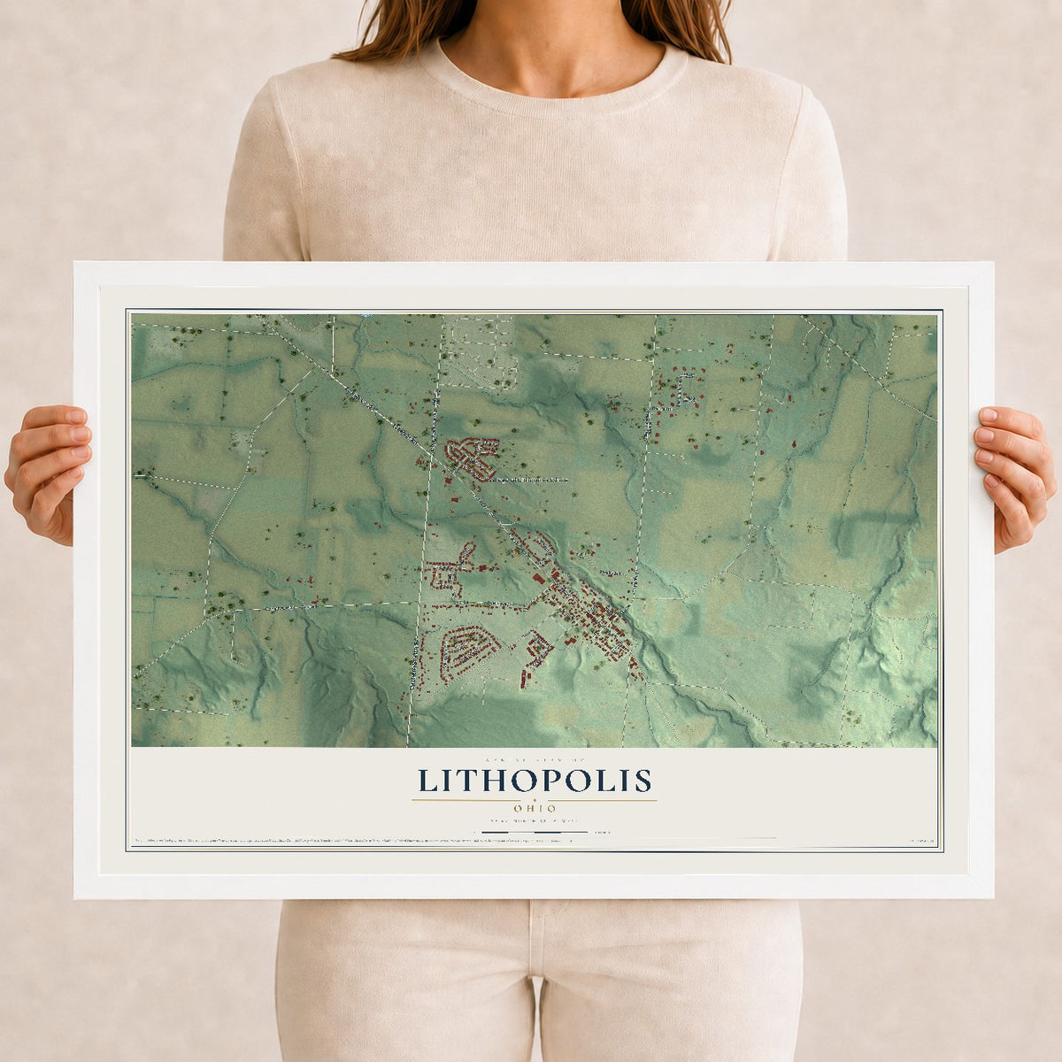 Map of Lithopolis, Ohio, 12 x 18 inch print in a white wood frame