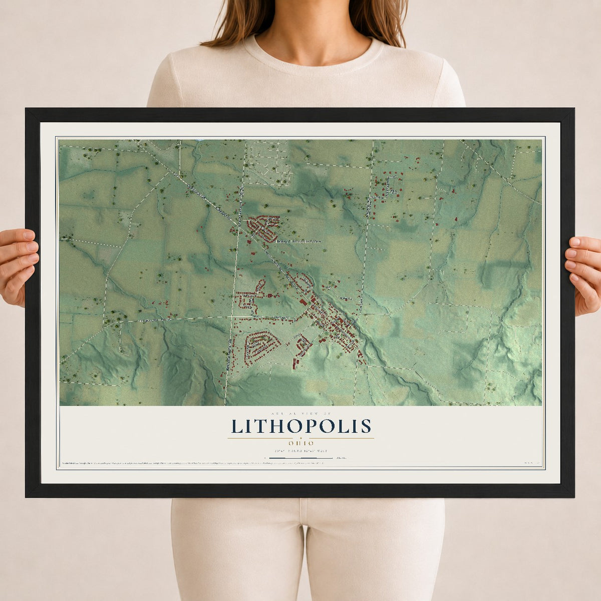 Map of Lithopolis, Ohio, 18 x 24 inch print in a black wood frame