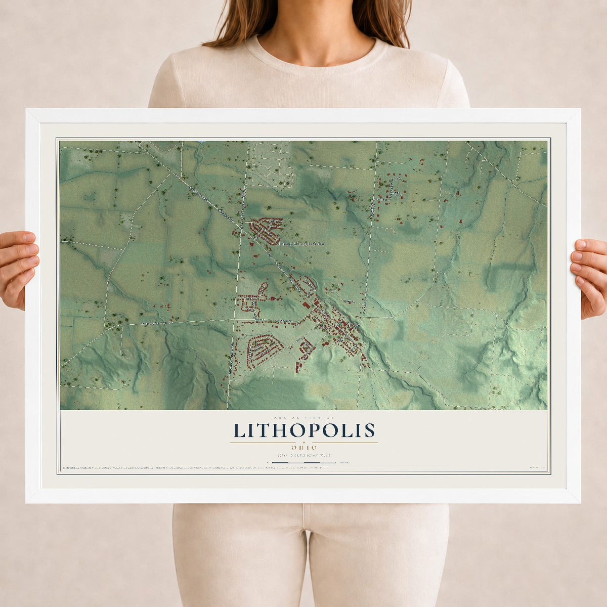 Map of Lithopolis, Ohio, 18 x 24 inch print in a white wood frame