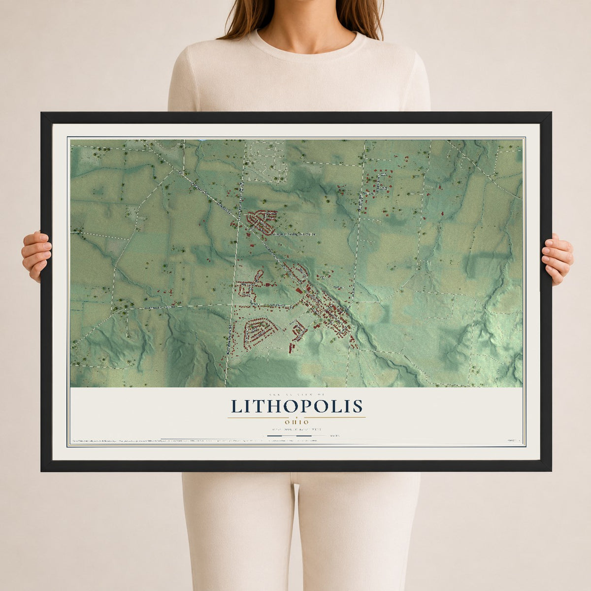 Map of Lithopolis, Ohio, 24 x 36 inch print in a black wood frame