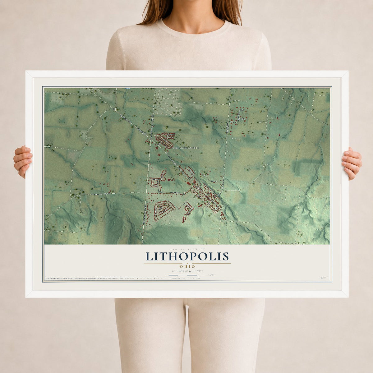 Map of Lithopolis, Ohio, 24 x 36 inch print in a white wood frame