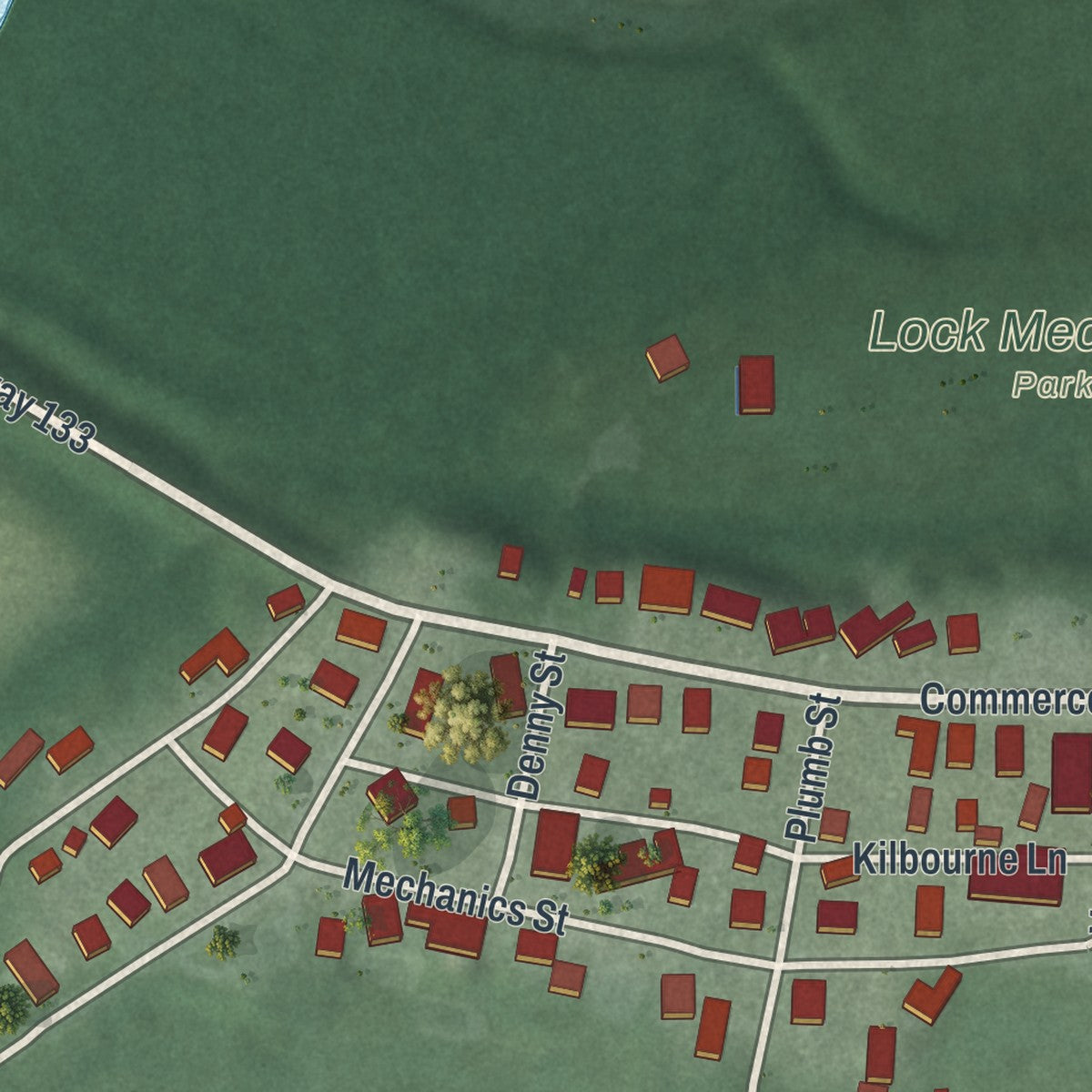 Close-up of the map of Lockbourne, Ohio print showing street and building detail