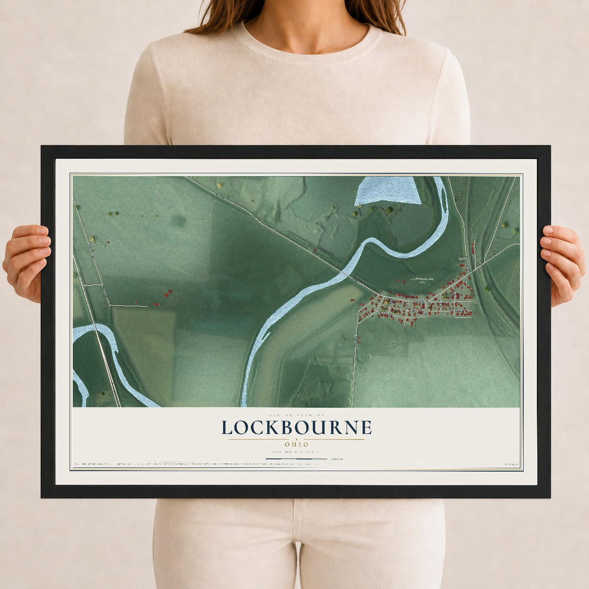 Map of Lockbourne, Ohio, 12 x 18 inch print in a black wood frame