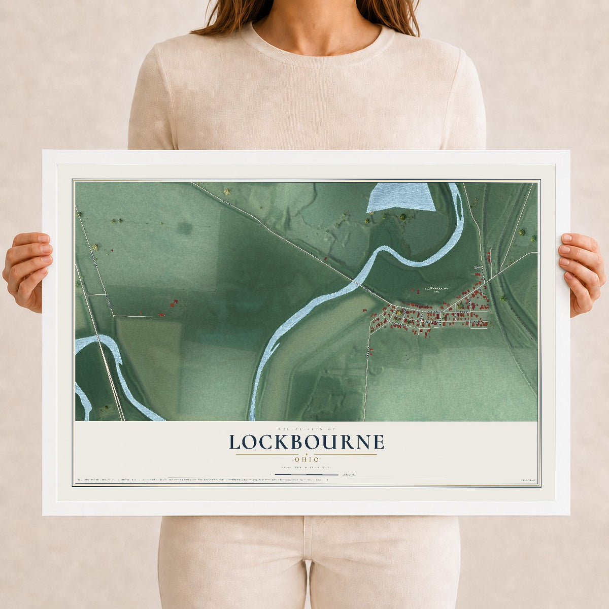 Map of Lockbourne, Ohio, 12 x 18 inch print in a white wood frame