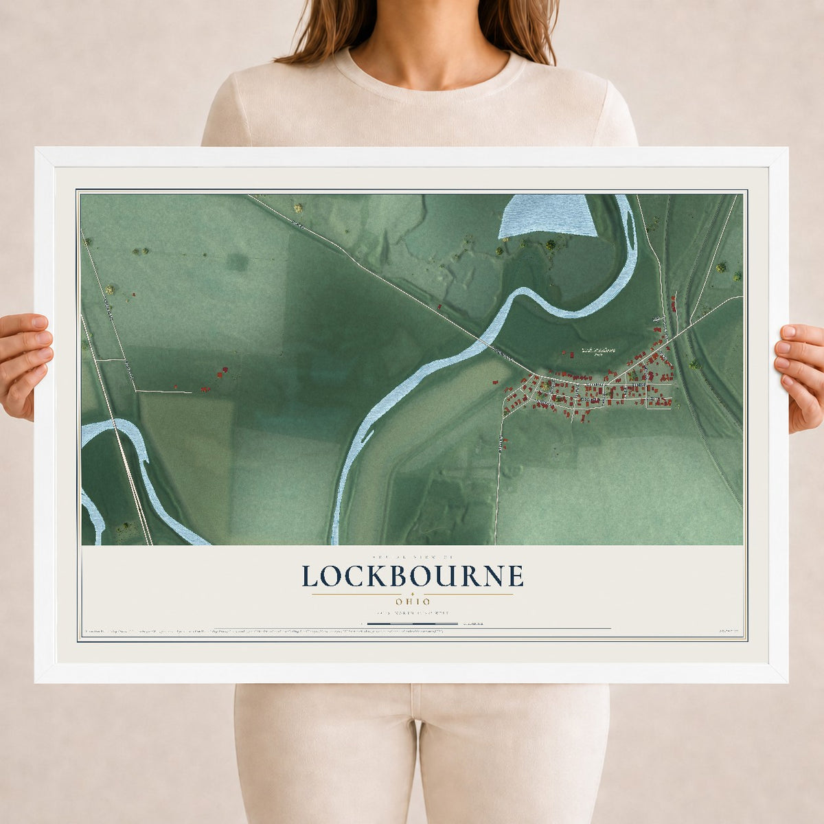 Map of Lockbourne, Ohio, 18 x 24 inch print in a white wood frame