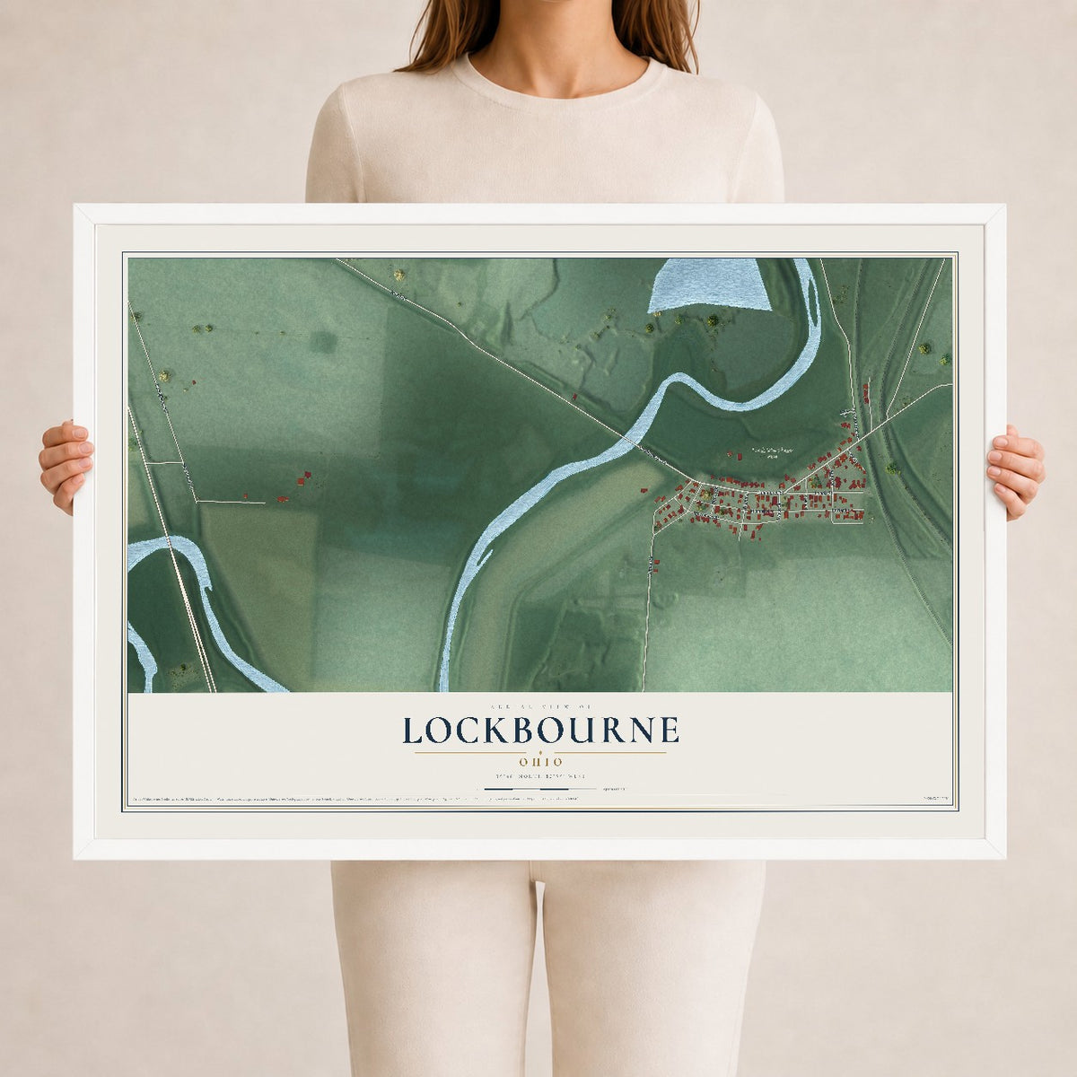 Map of Lockbourne, Ohio, 24 x 36 inch print in a white wood frame