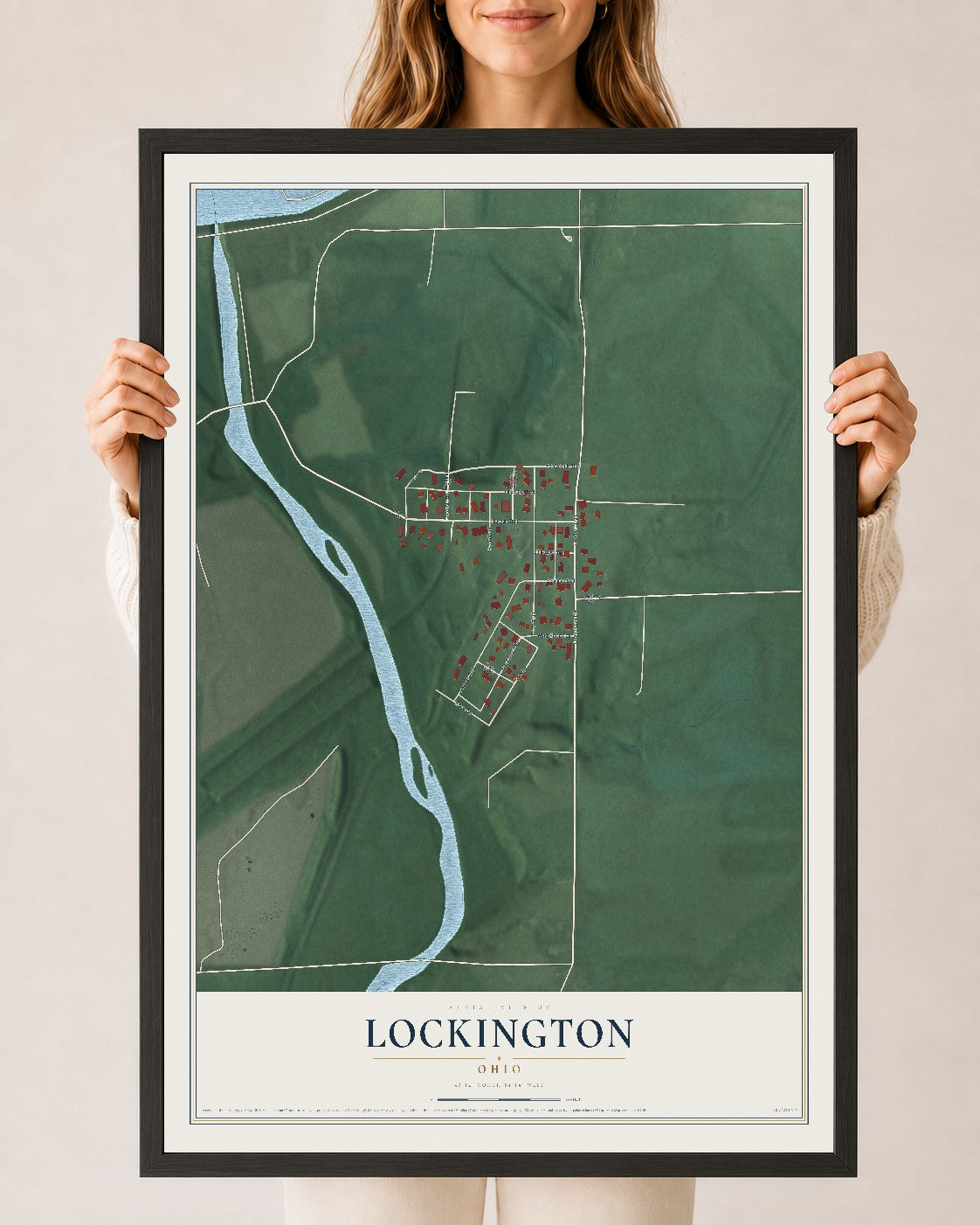 Map of Lockington, Ohio, 24 x 36 inch print in a black wood frame