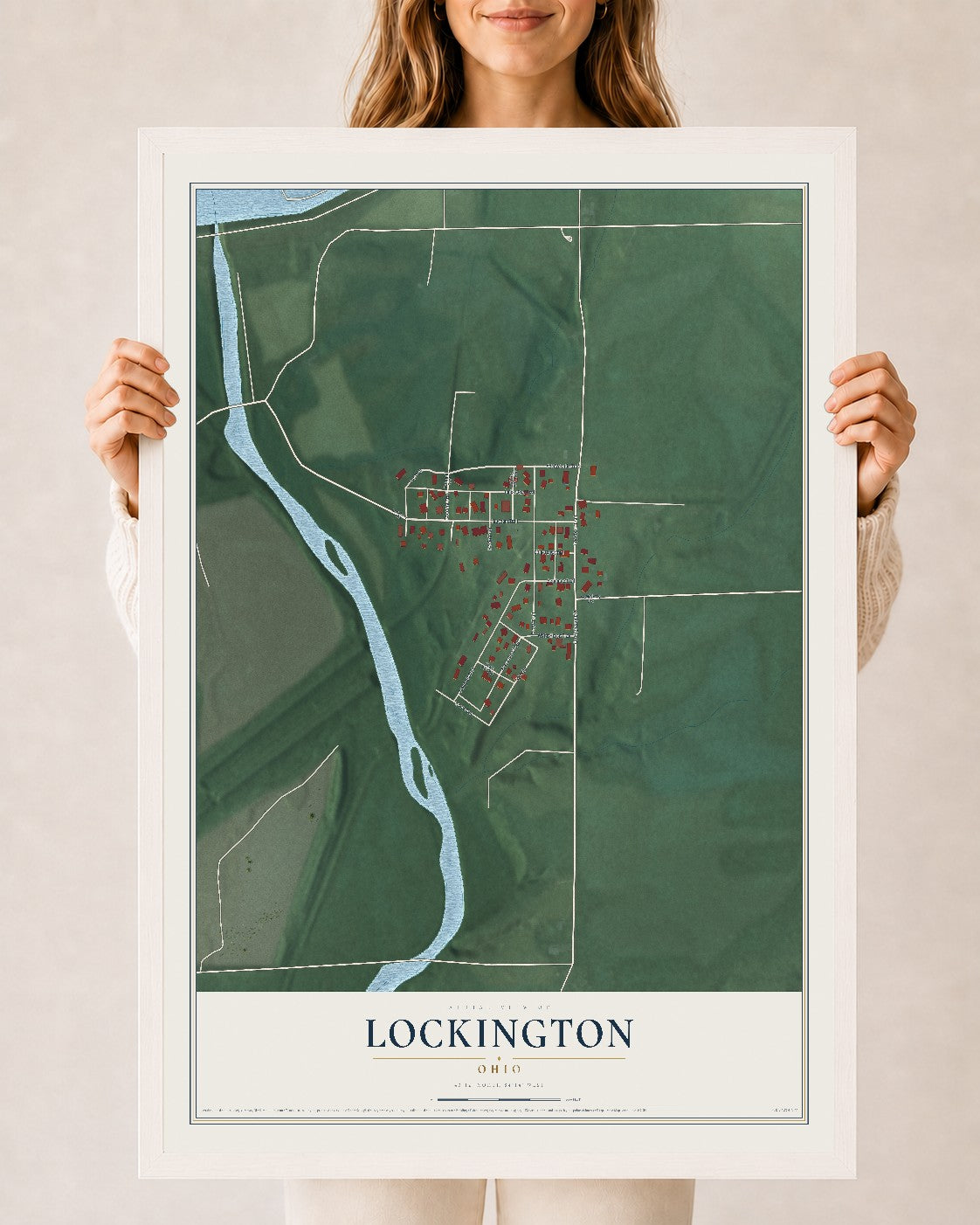 Map of Lockington, Ohio, 24 x 36 inch print in a white wood frame