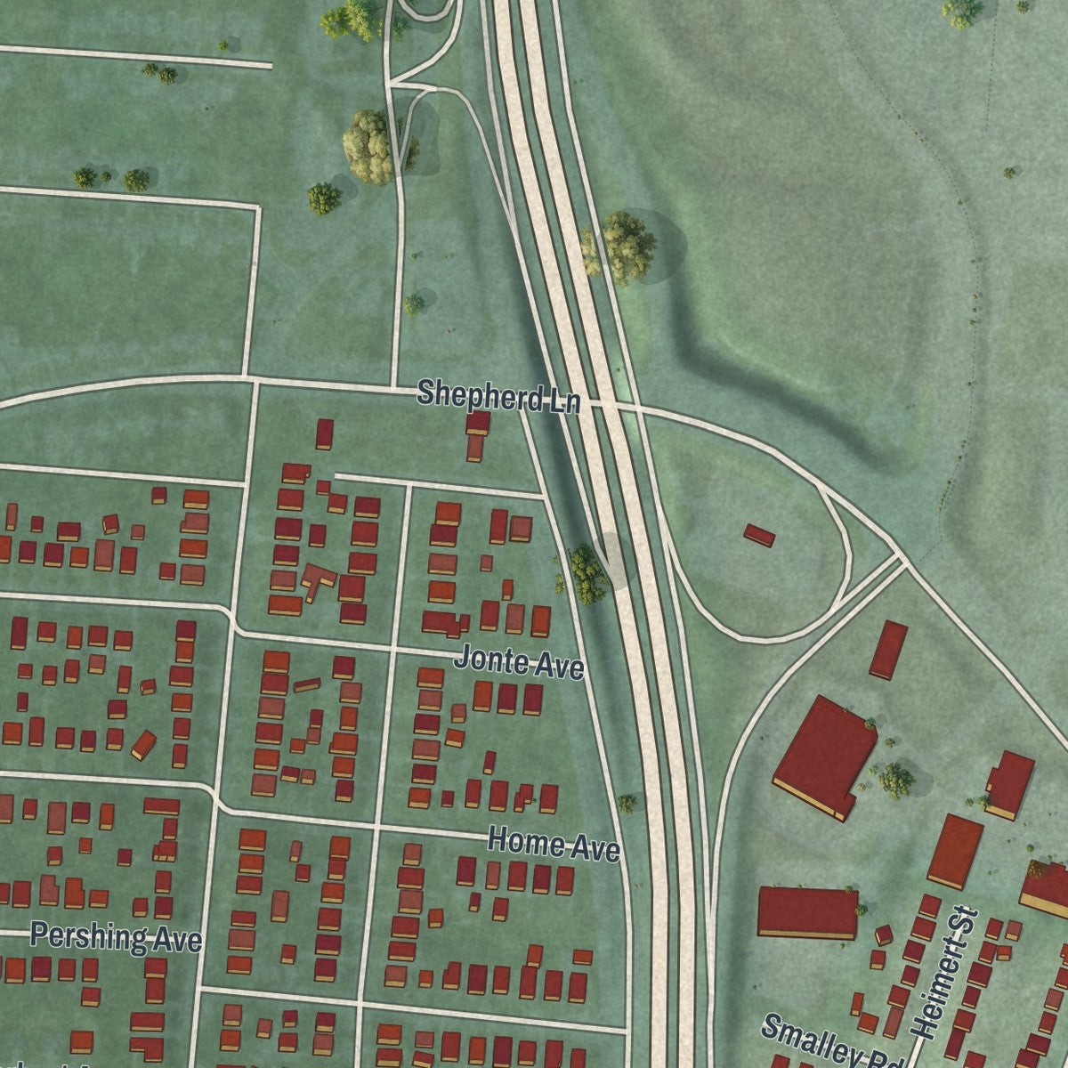 Second close-up of the map of Lockland, Ohio print showing more streets and buildings