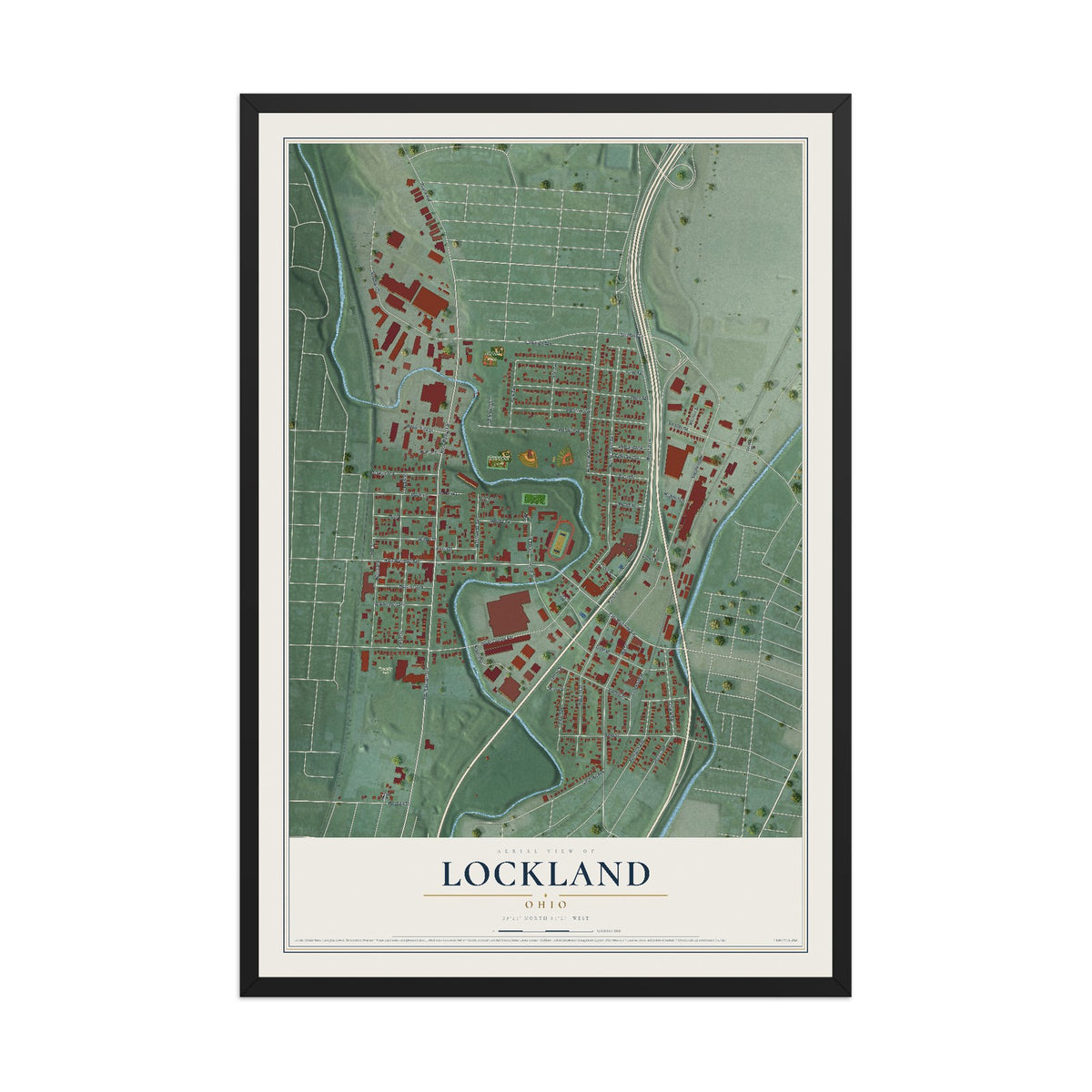 Map of Lockland, Ohio, 12 x 18 inch print in a black wood frame
