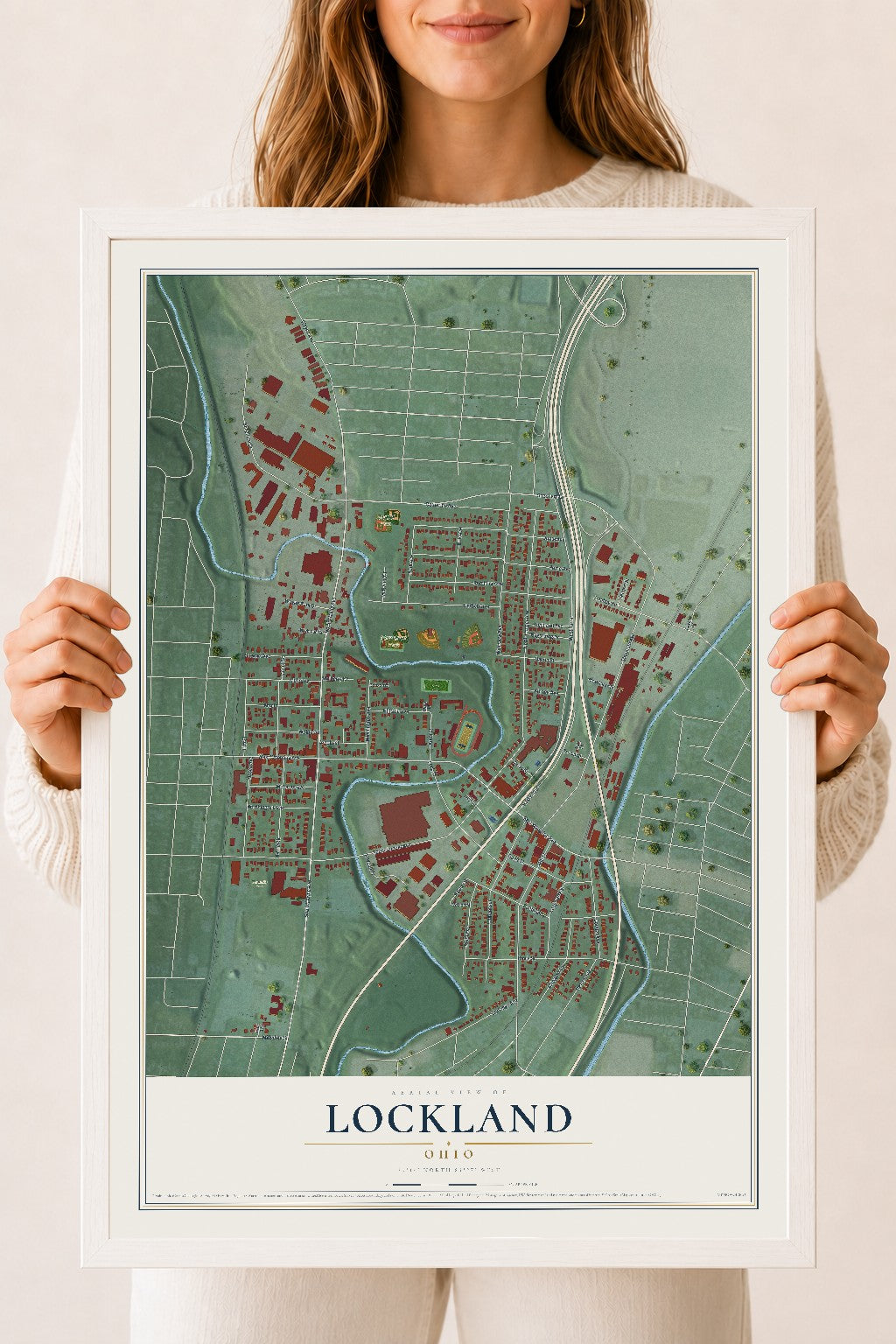 Map of Lockland, Ohio, 18 x 24 inch print in a white wood frame