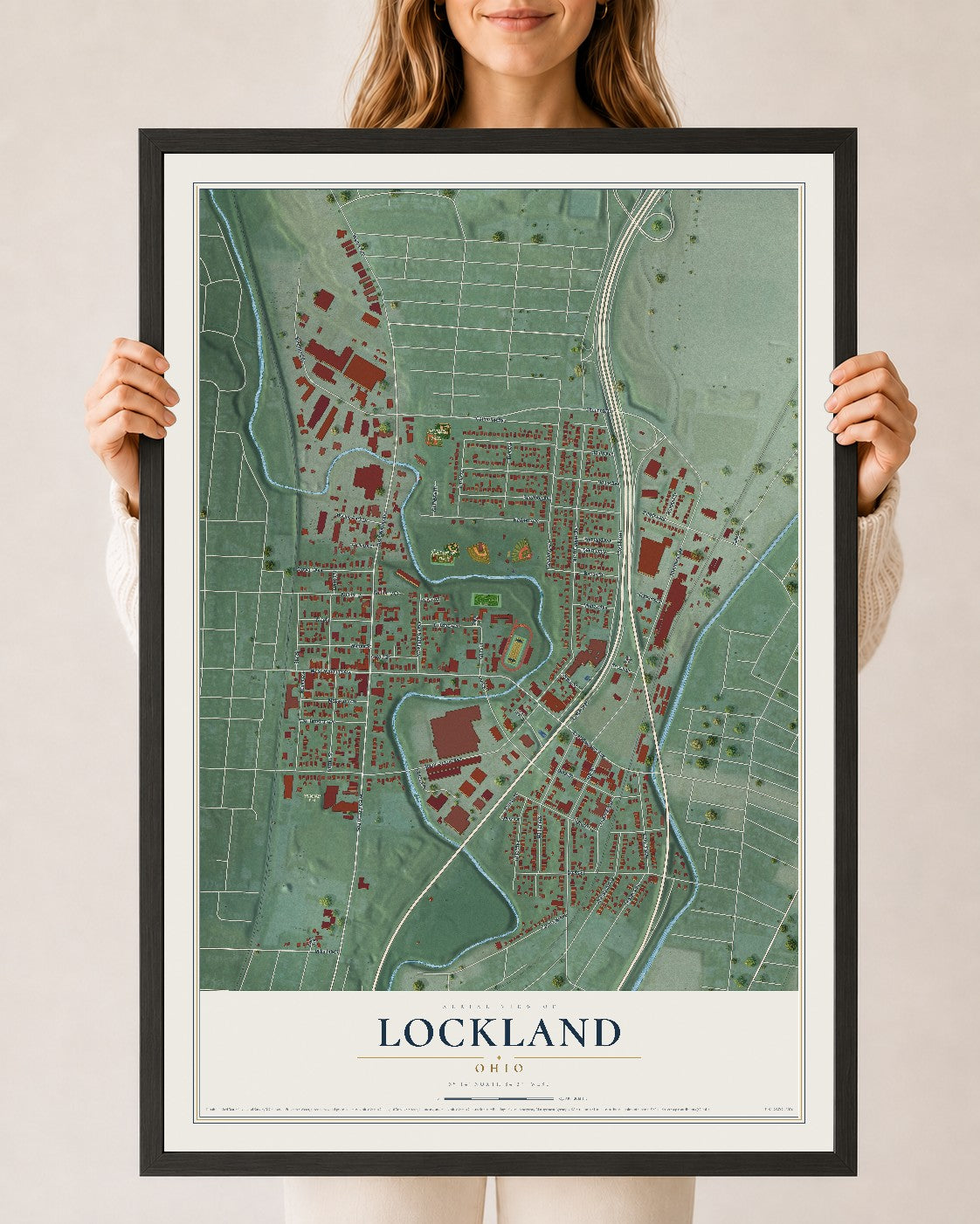 Map of Lockland, Ohio, 24 x 36 inch print in a black wood frame