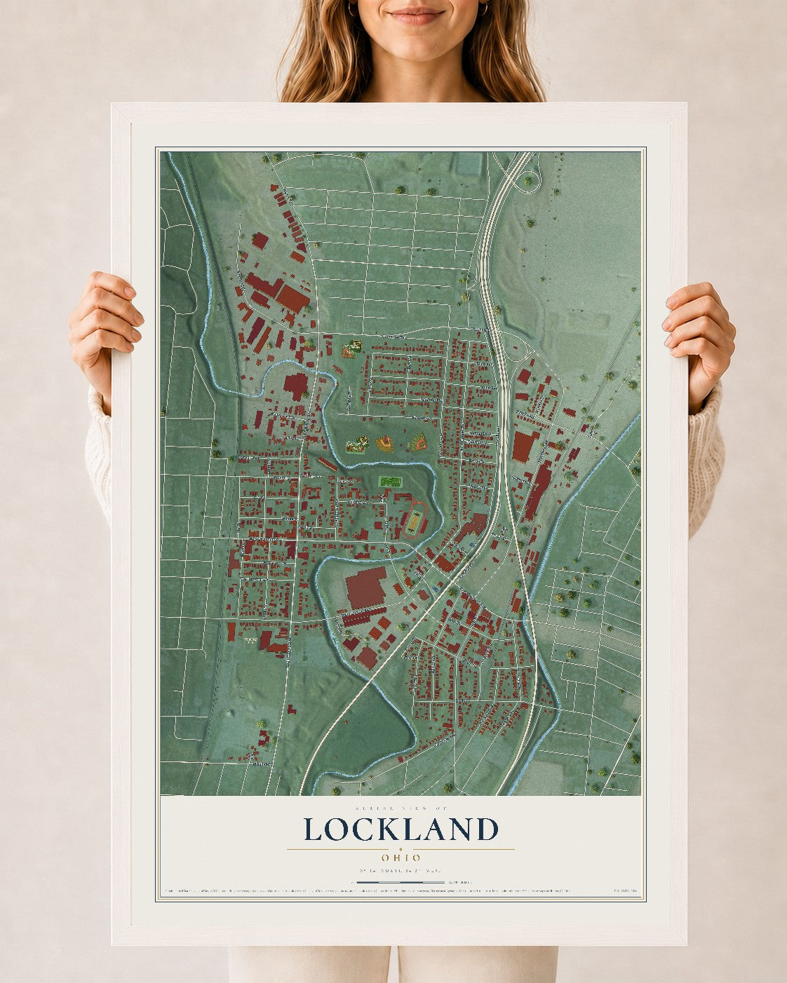 Map of Lockland, Ohio, 24 x 36 inch print in a white wood frame