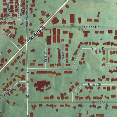 Close-up of the map of Lodi, Ohio print showing street and building detail