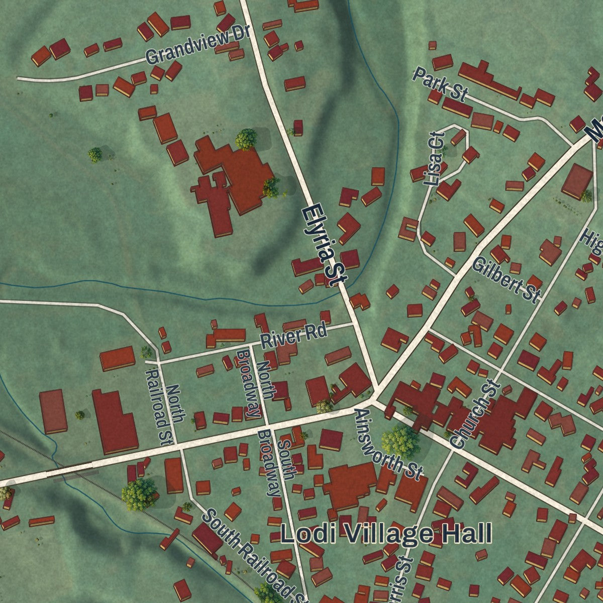 Second close-up of the map of Lodi, Ohio print showing more streets and buildings