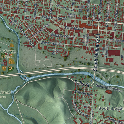 Close-up of the map of Logan, Ohio print showing street and building detail