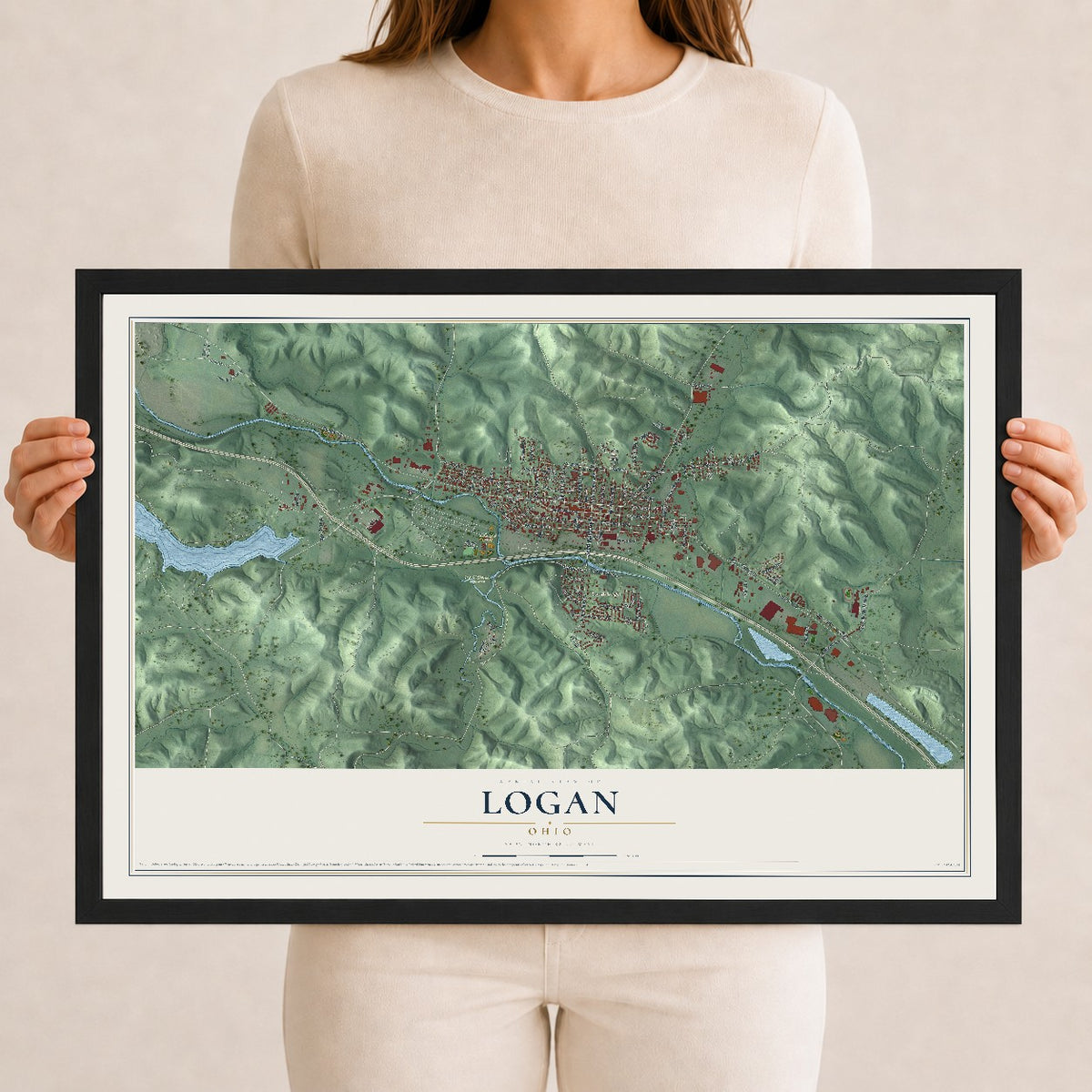 Map of Logan, Ohio, 12 x 18 inch print in a black wood frame